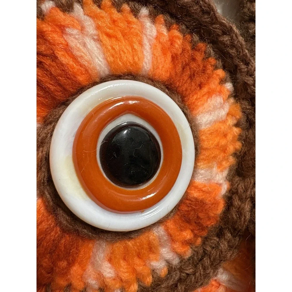 Handmade Crocheted Owl Towel Holder White Brown Orange Retro Vintage MCM Decor
